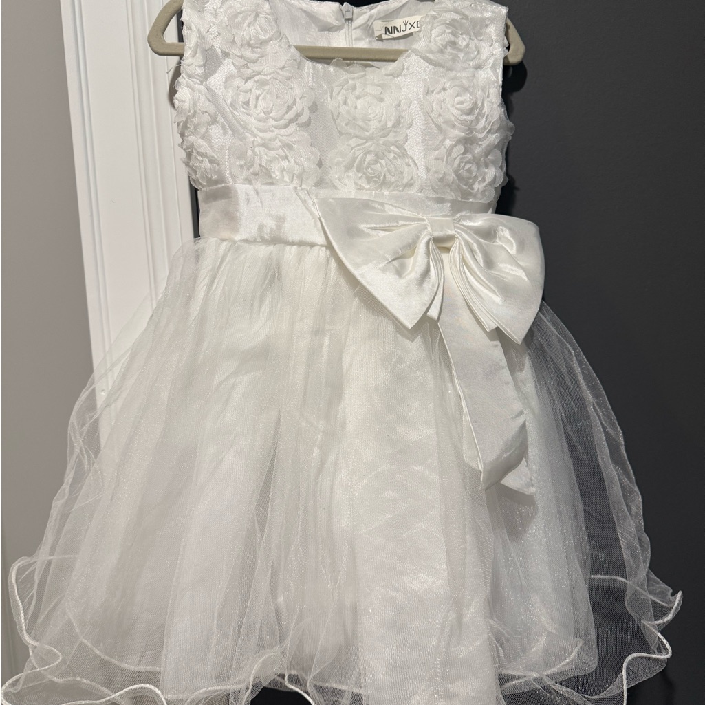 Nina Kids White Floral Bodice Bow Tulle Dress